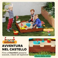 Sabbiera per Bambini 3-7 Anni a Forma di Castello con 4 Sedute in Legno di Abete, 90x90x17 cm, Multicolore