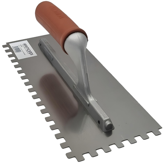 Spatola dentata in acciaio inox 28x12 cm con impugnatura in gomma *** misura dente 10x10 mm, confezione 1