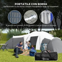 Tenda da Campeggio 6 Posti Impermeabile con 3 Aree Notte, Soggiorno e Portico, in tessuto Oxford, Grigio