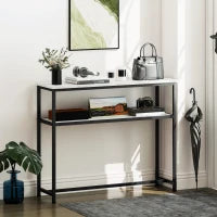 Console da Ingresso Stretta con Superficie Effetto Marmo Mensola Aperta e Struttura in Metallo 100x30x81 cm Bianco