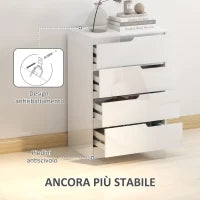 Cassettiera 4 Cassetti Moderna e Minimal in Legno, 60x40x85 cm, Bianco Lucido