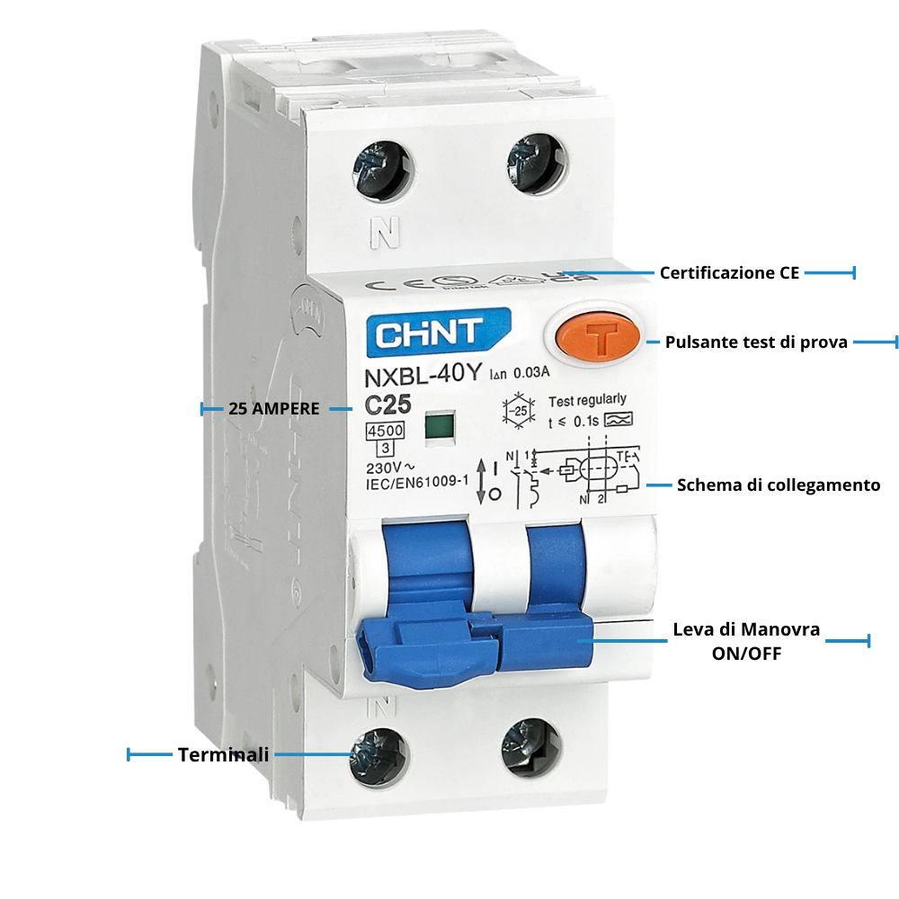 Chint 519864 nxbl-40y 1p+n c 25a 30ma a 4,5ka interruttore differenziale
