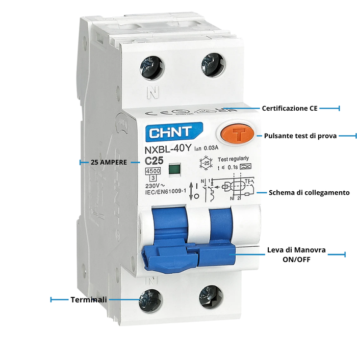 Chint 519864 nxbl-40y 1p+n c 25a 30ma a 4,5ka interruttore differenziale