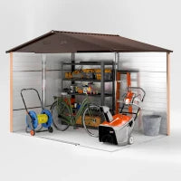 Casetta da Giardino in Acciaio Effetto Legno e Doppie Porte Scorrevoli, 278x195x215 cm, Marrone