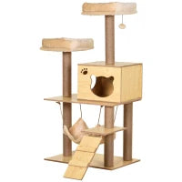 Albero Tiragraffi per Gatti con Casetta, 2 Lettini, Amaca e Pallina, in Legno, Poliestere e Sisal, 60x40x130 cm