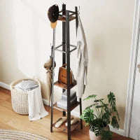 Attaccapanni da Terra a 4 Livelli con 4 Ripiani 8 Ganci con Struttura Metallica per Appendere Abiti Cappello Marrone Rustico