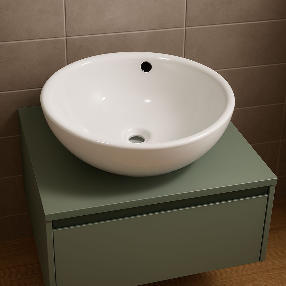 Lavabo da appoggio ceramica bianco tondo lavello arredo bagno cm 42x42x17,5