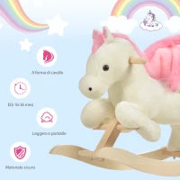 Cavallo a Dondolo Bianco e Rosa con Suoni e Struttura in Legno di Pioppo per Bambini 18-36 Mesi, 70x28x57cm