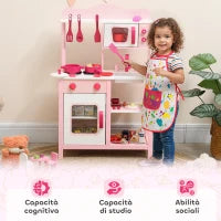 Cucina Giocattolo per Bambini 3+ Anni con Microonde, Piano Cottura e Lavandino, in Legno, 55x24x86 cm, Rosa