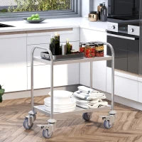 Carrello Cucina 2 Ripiani, Carrello con Ruote Portatutto, Carrello Portavivande in Acciaio Inox, 80x45x82cm, Argento