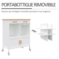 Mobiletto da Cucina con Ruote, Portabottiglie e Porta Bicchieri in Bambù, 76 x 40 x 88cm