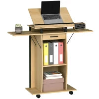 Podio con Ruote, Podio con Pannelli Laterali Pieghevoli, Tavolo per Laptop con Cassetto e Ripiani, Finitura Rovere