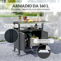 Carrello per Barbecue con Armadietto, Ripiano Aperto e Tavolino Laterale, in Acciaio Inox, 116x50x93 cm, Nero