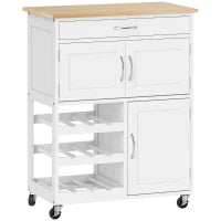 Carrello Cucina con Portabottiglie, 3 Ante, 4 Ruote e Cassetto, Mobiletto Cucina Salvaspazio per Microonde e Spezie in Legno, 67x37x87 cm, Bianco e Rovere