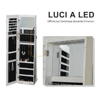 Specchio Portagioie a LED con 4 Scaffali e Spazi Portaoggetti, in Legno e Vetro, 15x15x61.75 cm, Bianco