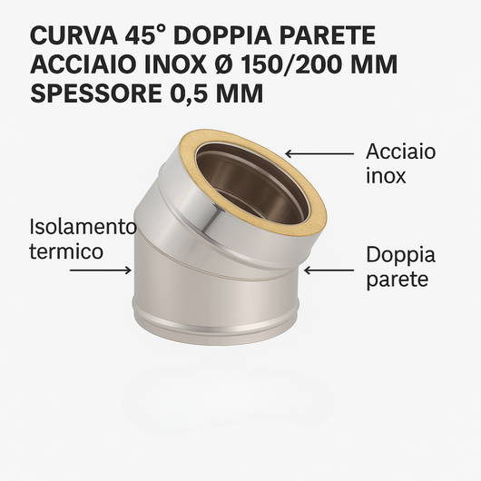 Curva 45° doppia parete acciaio inox Ø 150/200 mm spessore 0,5 mm canna fumaria