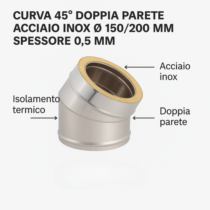 Curva 45° doppia parete acciaio inox Ø 150/200 mm spessore 0,5 mm canna fumaria