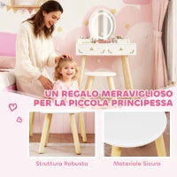Set Toeletta per Bambini da 3 Anni con Specchio Illuminato e Sgabello, 2 Cassetti e 2 Scatole, Bianco