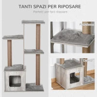 Albero Tiragraffi per Gatti Multi-livello con Cuccia e Corde in Iuta, 67x38.5x114 cm, Grigio