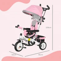 Triciclo per Bambini con Maniglione 6 in 1, Tettuccio Regolabile e Cintura di Sicurezza, Età 1-5 Anni, Rosa