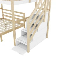 Letto a soppalco 90×200 cm con scaletta contenitore per bambini, senza materasso, Legno naturale e Bianco