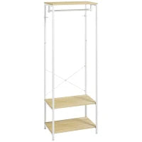 Appendiabiti con Sospensione e 2 Scaffali per Scarpe, 60L x 40P x 167,5A cm, Effetto Legno Chiaro e Metallo Bianco