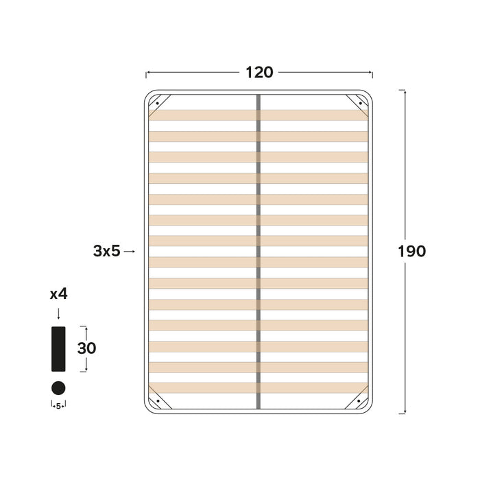 Rete ortopedica 120X190 14 doghe in betulla ZEN con 4 piedi |100% MADE IN ITALY| struttura in acciaio anti cigolio, angoli anti infortunistici, altezza 35 cm