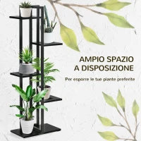 Scaletta Portavasi a 5 Livelli per Interni ed Esterni in MDF e Acciaio, 40x22x113 cm, Nero