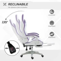 Sedia da Gaming con Altezza Regolabile e Schienale Reclinabile, 65x65x121-129 cm, Bianco e Viola