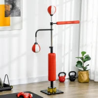 Supporto per Sacco da Boxe con 2 Speedball, Asta da Boxe Girevole, Kickpad, Regolabile in Altezza, in Acciaio, 84 x 36 x 140-205cm, Nero, Rosso e Bianco