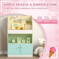 Scaffale Portagiochi per Bambini con Libreria e Armadietto in Legno, 60x29.5x100cm, Bianco