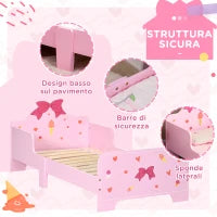 Letto per Bambini con Sponde e Fantasia a Fiocchi e Cuori, Età 3-6 Anni, 143x74x59cm, Rosa