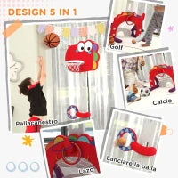 Canestro Basket per Bambini 5 in 1 con Altezza Regolabile, Porta da Calcio e Golf, Età 3-6 Anni, Rosso