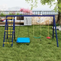 Set altalena Giardino multifunzionale con 3altalene, struttura da arrampicata, canestro da basket,per 3-8anni,Antico blu