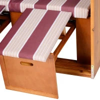 Sedia da Spiaggia 2 Posti in con Schienale Regolabile su 5 Livelli, Poggiapiedi e Tavolini Laterali, Intreccio PE, Struttura in Legno di Pino, Rosso e Bianco