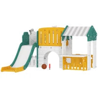 Scivolo 7-in-1 per bambini, per interno ed esterno, con struttura da arrampicata, casetta, lavagna, canestro da basket, 1-4 anni, in plastica, Giallo e Verde