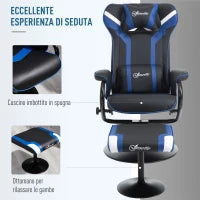 Set 2 Pezzi Poltrona Gaming Reclinabile Inclinabile a 130° con Sgabello Poggiapiedi, Nero e Blu Scuro