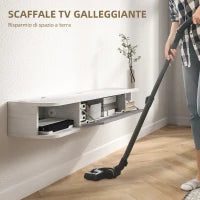 Mobile TV Sospeso in Legno con 2 Ripiani Aperti e Armadietto, 120x26x16 cm, Bianco e Grigio
