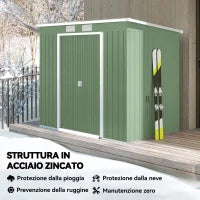 Casetta da Giardino in Acciaio con Doppia Porta Scorrevole e Prese d'Aria, 213x130x173 cm, Verde