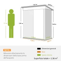 Casetta da Giardino Porta Attrezzi in Acciaio con Porta Bloccabile, 161x95x163/181cm, Grigio