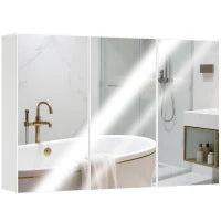 Mobiletto con Specchio da Bagno, Mobiletto da Bagno con 3 Porte Specchiate, Montaggio a Parete, 90 x 15,5 x 60 cm, Truciolato, Bianco