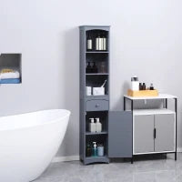 Armadio Alto da Bagno Stretto con 1 Cassetto e 3 Ripiani Aperti Stile Moderno 34x24x170 cm Grigio