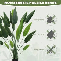 Pianta Artificiale Verde di Uccello del Paradiso da 20 Foglie di 140 cm con Vaso, in PE, PEVA e PP
