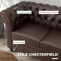 Divano 2 Posti stile Chesterfield con Cuscino Rimovibile, in Ecopelle, Legno e Metallo, 160x84x80 cm, Marrone
