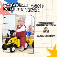 Trattore Giocattolo per Bambini Cavalcabile con Rimorchio, Rastrello e Pala, Gioco Educativo per Bimbi 12-36 Mesi, 91x29x44cm, Giallo