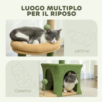 Albero Tiragraffi per Gatti con Casetta, Lettino e 2 Palline, in Legno e Poliestere, 44x30x98 cm, Verde e Marrone