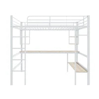 Letto a soppalco 140x200 cm in metallo con scrivania e scaffali, senza materasso, Bianco