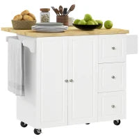 Isola da Cucina con Piano di Lavoro Ribaltabile, 3 Cassetti, 1 Armadio, Porta Strofinacci e Porta Spezie, 111,5 x 75 x 89 cm, Bianco