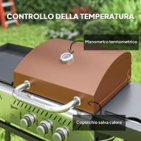 Barbecue a Gas con Piastra e Fornello, Coperchio con Termometro e Ripiani, Regolatore e Tubo Inclusi, Nero