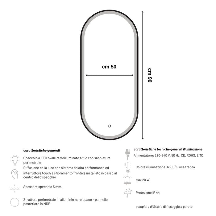 Specchio 5 mm ovale cornice nera retroilluminato led interruttore touch *** misure 50x90 cm, tonalità dimmerabile 27...